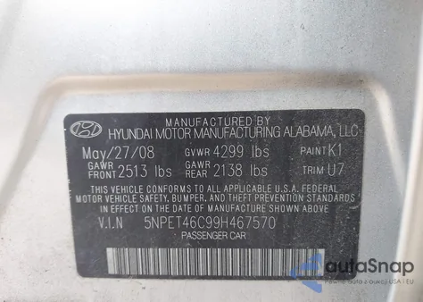 2009 Hyundai Sonata Gls z USA, uszkodzony, nr VIN 5NPET46C99H467570